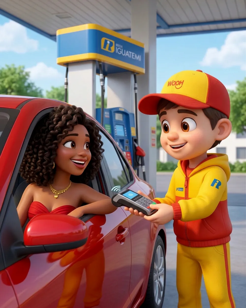 Woozinho entregando a maquininha de cartão para uma cliente dentro do carro