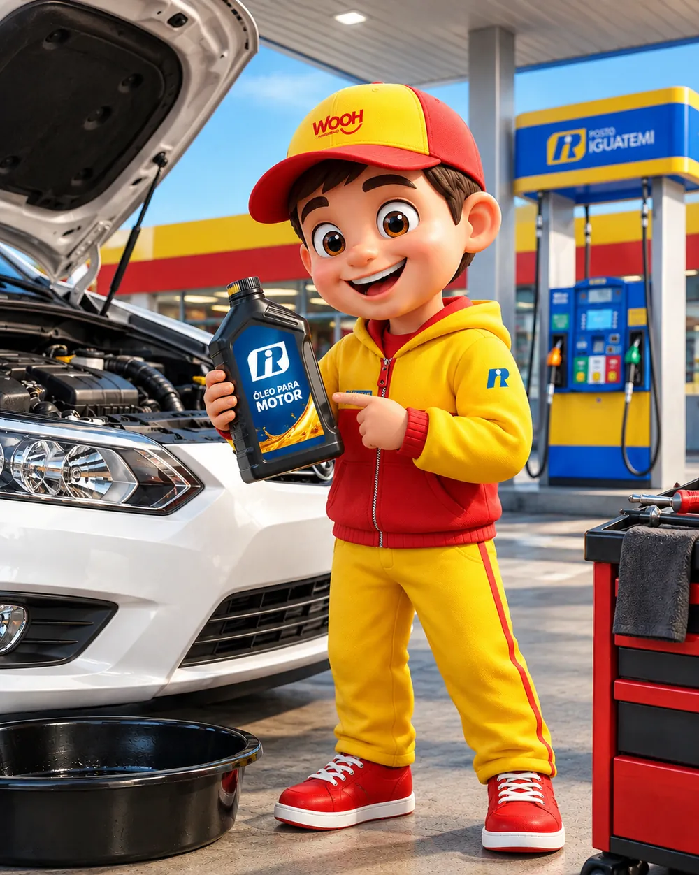Woozinho mostrando uma embalagem de óleo para motor ao lado de um carro com o capô aberto